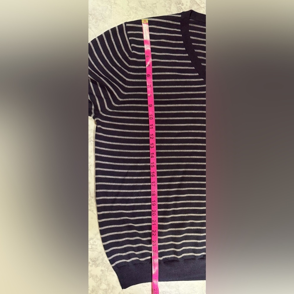 100% extra fine Merino wool Navy&Gray Striped V-Neck Classic old money Sweater - Picture 4 of 7
